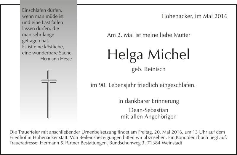  Traueranzeige für Helga Michel vom 17.05.2016 aus Waiblinger Kreiszeitung