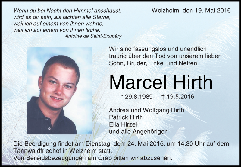  Traueranzeige für Marcel Hirth vom 21.05.2016 aus Waiblinger Kreiszeitung