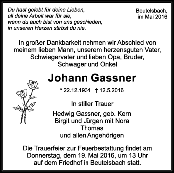 Traueranzeige von Johann Gassner von Waiblinger Kreiszeitung