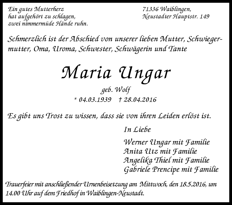  Traueranzeige für Maria Ungar vom 13.05.2016 aus Waiblinger Kreiszeitung