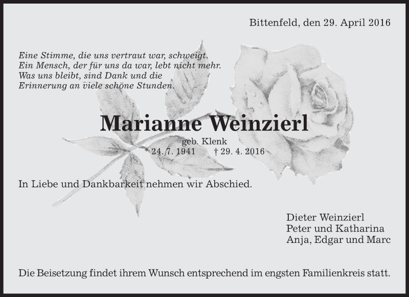  Traueranzeige für Marianne Weinzierl vom 03.05.2016 aus Waiblinger Kreiszeitung
