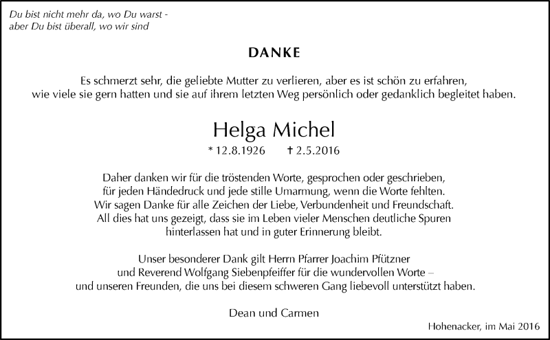  Traueranzeige für Helga Michel vom 30.05.2016 aus Waiblinger Kreiszeitung