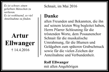 Traueranzeige von Artur Ellwanger von Waiblinger Kreiszeitung
