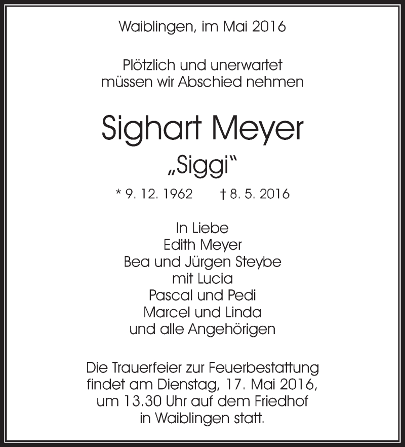  Traueranzeige für Sighart Meyer vom 11.05.2016 aus Waiblinger Kreiszeitung