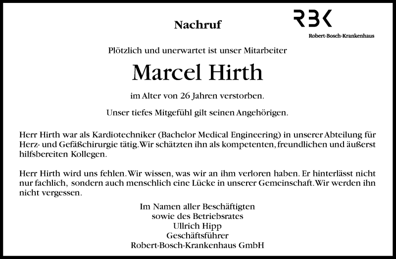  Traueranzeige für Marcel Hirth vom 24.05.2016 aus Waiblinger Kreiszeitung