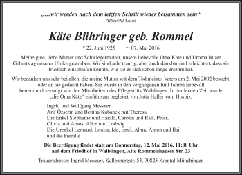 Traueranzeige von Käte Bühringer von Waiblinger Kreiszeitung