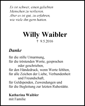 Traueranzeige von Willy Waibler von Waiblinger Kreiszeitung