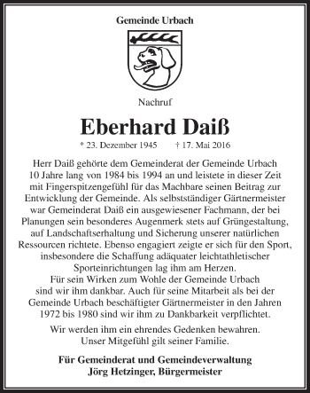Traueranzeige von Eberhard Daiß von Waiblinger Kreiszeitung