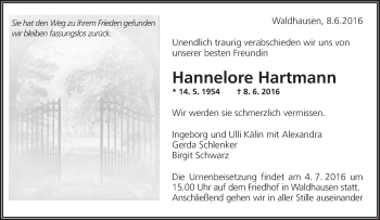 Traueranzeige von Hannelore Hartmann von Waiblinger Kreiszeitung