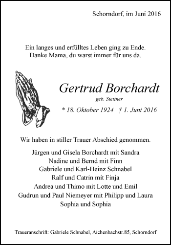 Traueranzeige von Gertrud Borchardt von Waiblinger Kreiszeitung