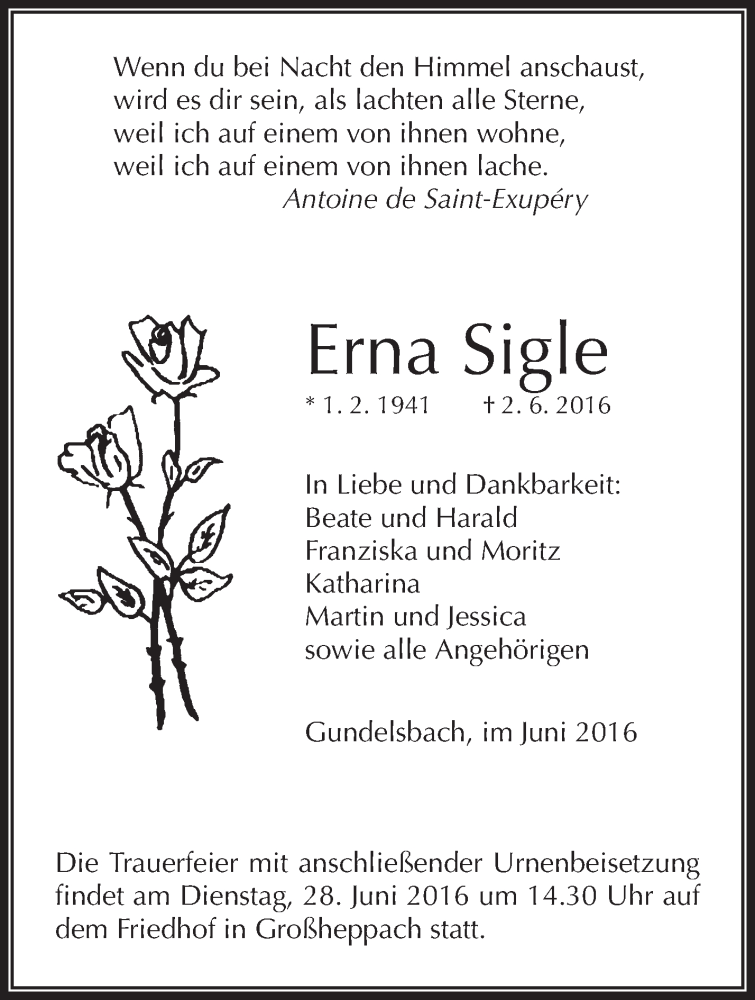  Traueranzeige für Erna Sigle vom 24.06.2016 aus Waiblinger Kreiszeitung