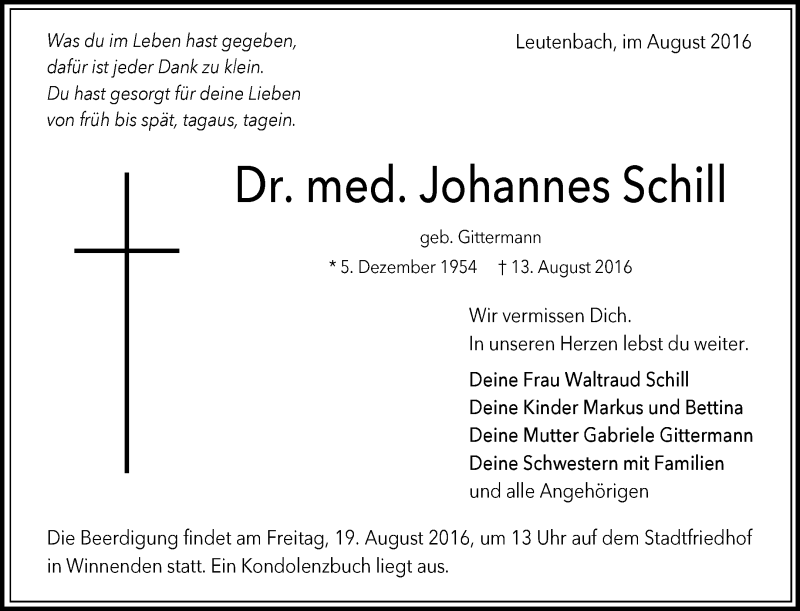  Traueranzeige für Johannes Schill vom 16.08.2016 aus Waiblinger Kreiszeitung