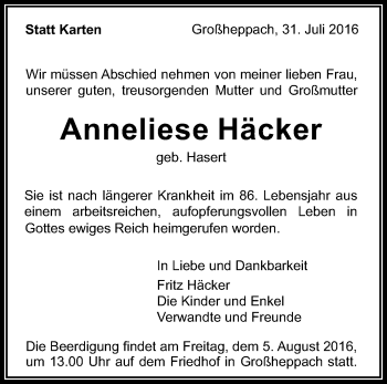 Traueranzeige von Anneliese Häcker von Waiblinger Kreiszeitung