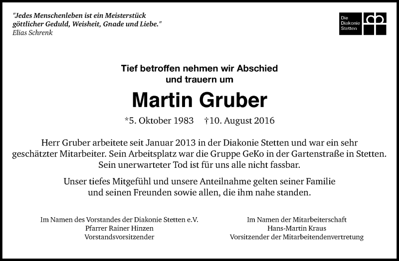  Traueranzeige für Martin Gruber vom 20.08.2016 aus Waiblinger Kreiszeitung