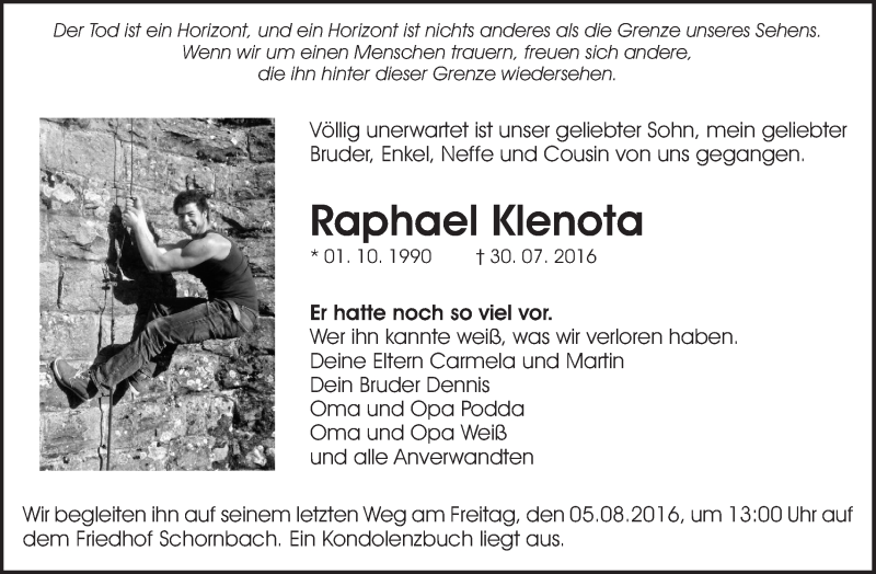  Traueranzeige für Raphael Klenota vom 03.08.2016 aus Waiblinger Kreiszeitung