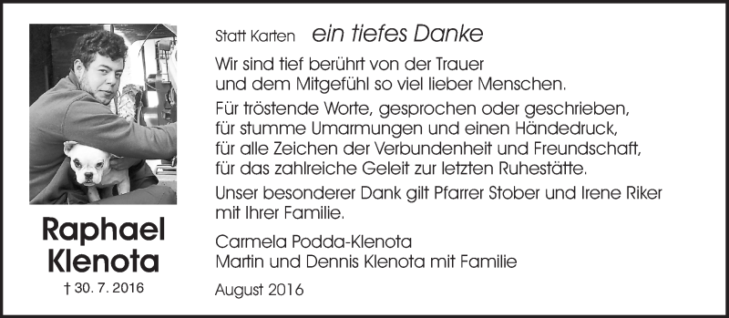  Traueranzeige für Raphael Klenota vom 16.08.2016 aus Waiblinger Kreiszeitung