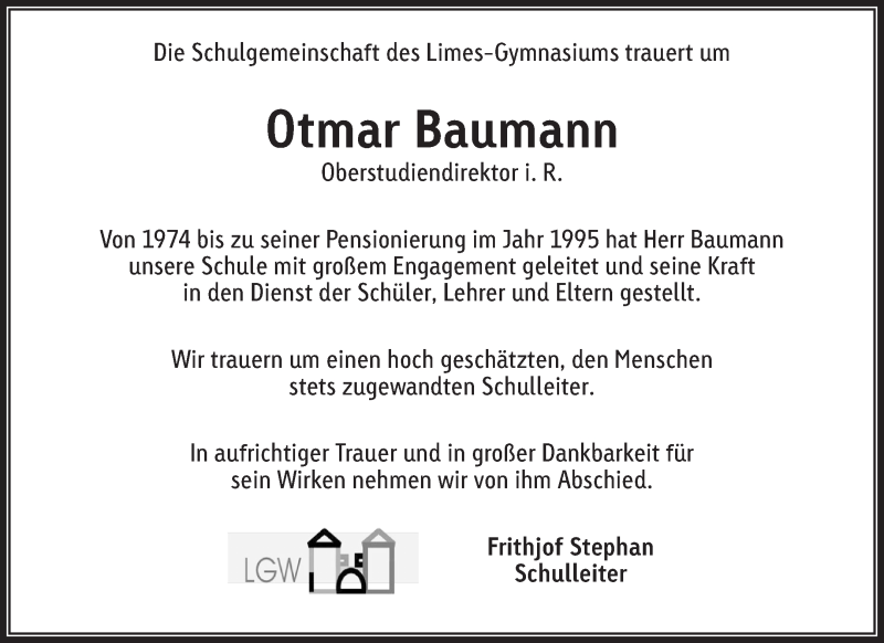  Traueranzeige für Otmar Baumann vom 31.08.2016 aus Waiblinger Kreiszeitung