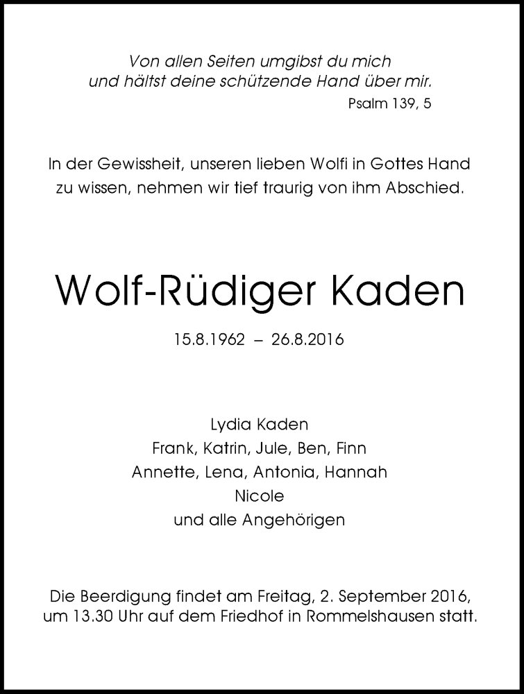  Traueranzeige für Wolf-Rüdiger Kaden vom 30.08.2016 aus Waiblinger Kreiszeitung