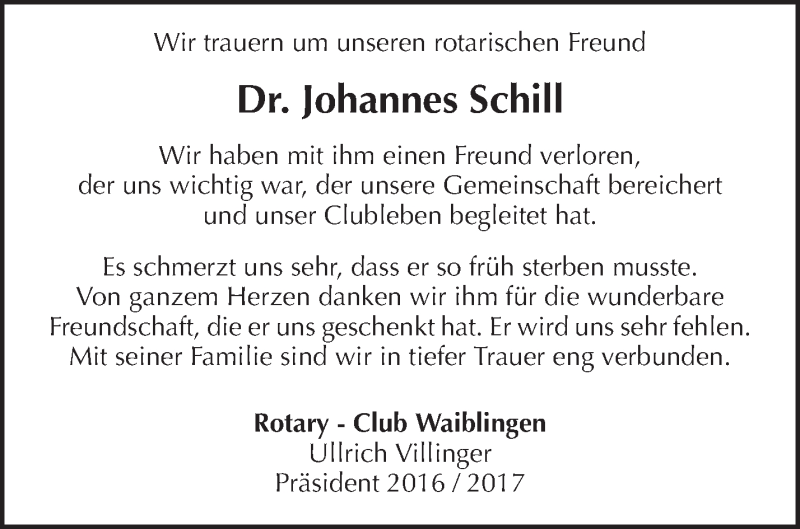  Traueranzeige für Johannes Schill vom 17.08.2016 aus Waiblinger Kreiszeitung