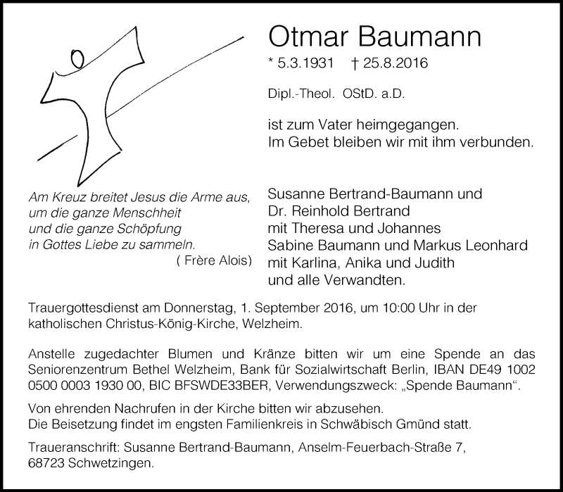  Traueranzeige für Otmar Baumann vom 30.08.2016 aus Waiblinger Kreiszeitung