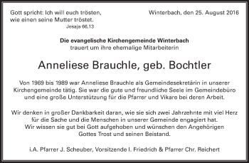 Traueranzeige von Anneliese Brauchle von Waiblinger Kreiszeitung