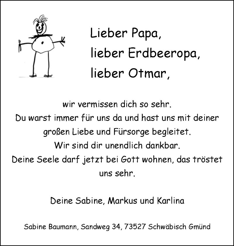  Traueranzeige für Otmar Baumann vom 31.08.2016 aus Waiblinger Kreiszeitung