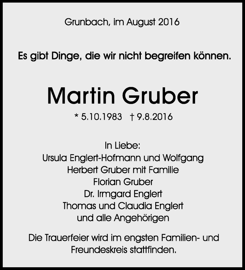  Traueranzeige für Martin Gruber vom 16.08.2016 aus Waiblinger Kreiszeitung