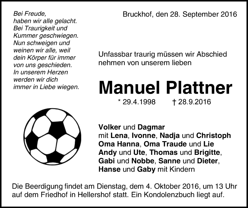  Traueranzeige für Manuel Plattner vom 01.10.2016 aus Waiblinger Kreiszeitung