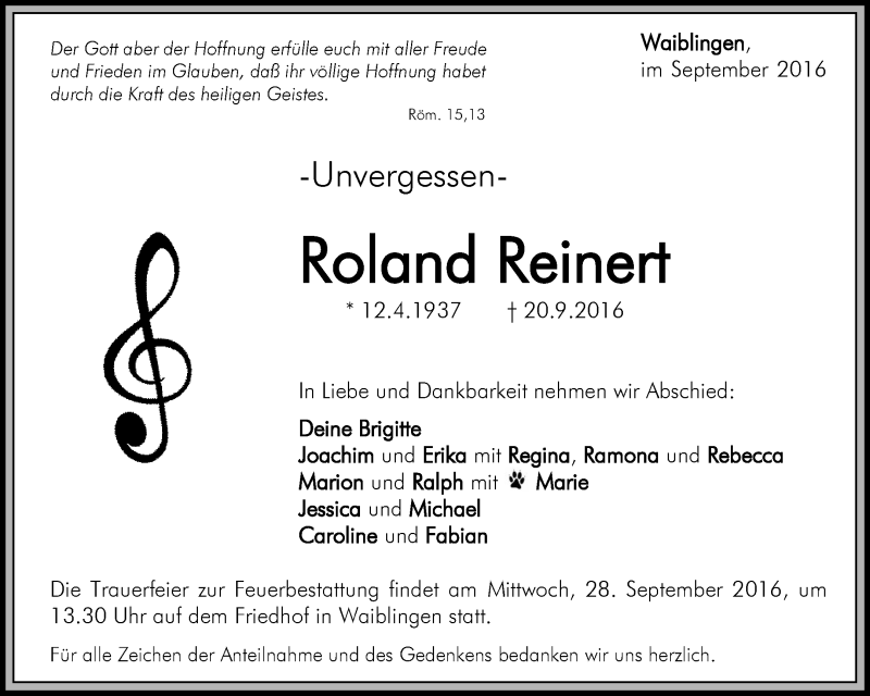  Traueranzeige für Roland Reinert vom 24.09.2016 aus Waiblinger Kreiszeitung