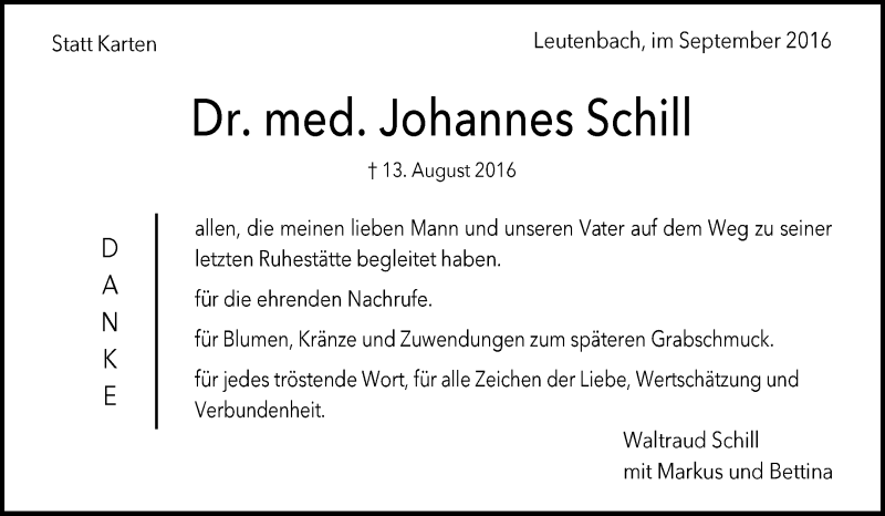  Traueranzeige für Johannes Schill vom 08.09.2016 aus Waiblinger Kreiszeitung