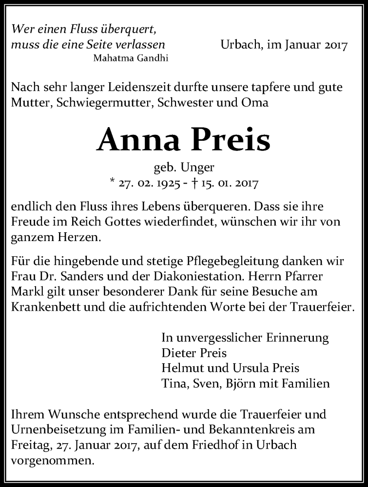  Traueranzeige für Anna Preis vom 28.01.2017 aus Waiblinger Kreiszeitung