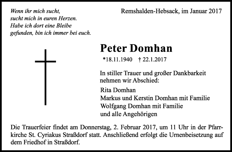  Traueranzeige für Peter Domhan vom 30.01.2017 aus Waiblinger Kreiszeitung