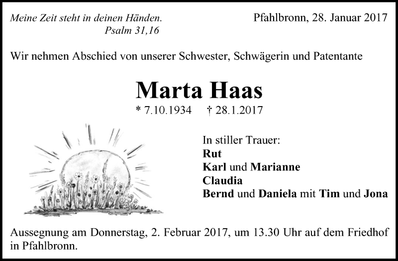  Traueranzeige für Marta Haas vom 31.01.2017 aus Waiblinger Kreiszeitung