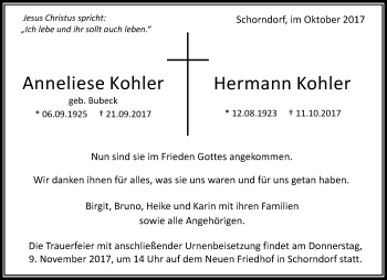 Traueranzeige von Anneliese und Hermann Kohler von Waiblinger Kreiszeitung
