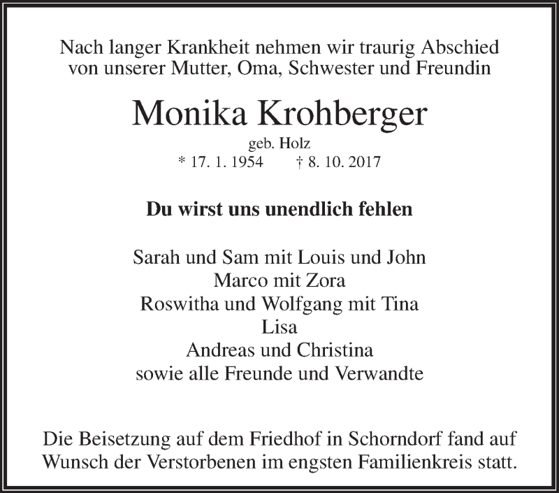  Traueranzeige für Monika Krohberger vom 25.10.2017 aus Waiblinger Kreiszeitung