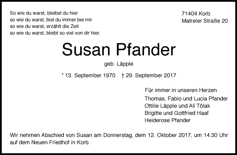  Traueranzeige für Susan Pfander vom 05.10.2017 aus Waiblinger Kreiszeitung