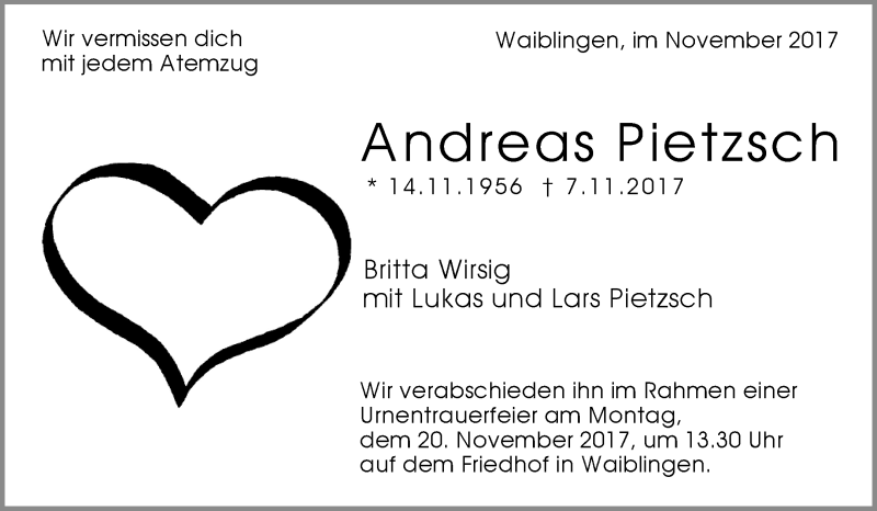  Traueranzeige für Andreas Pietzsch vom 15.11.2017 aus Waiblinger Kreiszeitung