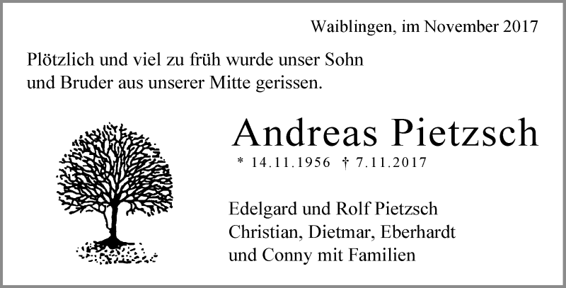  Traueranzeige für Andreas Pietzsch vom 15.11.2017 aus Waiblinger Kreiszeitung