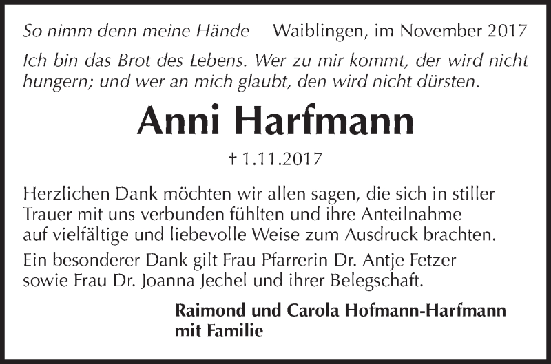  Traueranzeige für Anni Harfmann vom 25.11.2017 aus Waiblinger Kreiszeitung