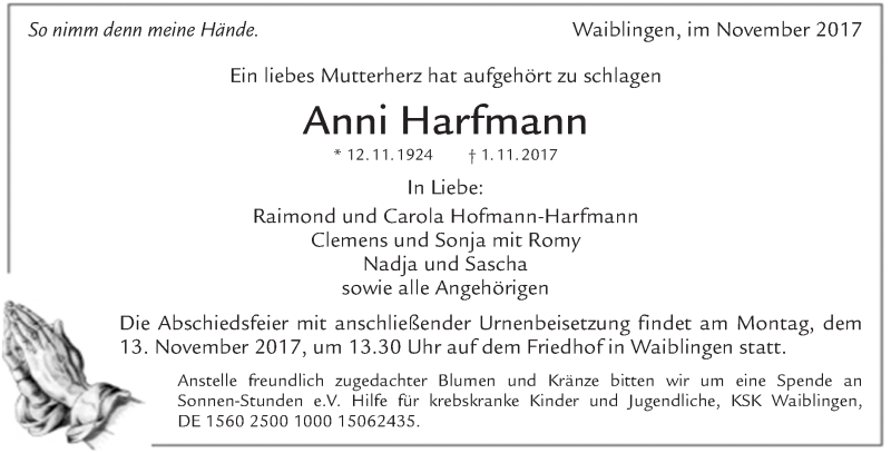  Traueranzeige für Anni Harfmann vom 08.11.2017 aus Waiblinger Kreiszeitung
