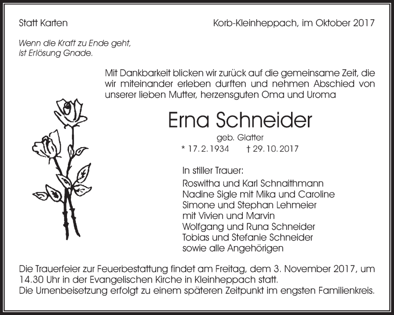  Traueranzeige für Erna Schneider vom 02.11.2017 aus Waiblinger Kreiszeitung