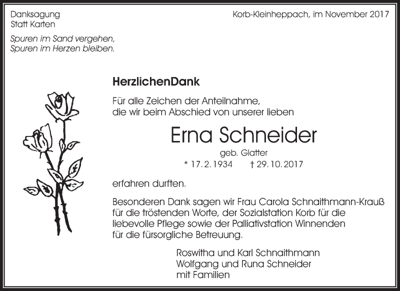  Traueranzeige für Erna Schneider vom 14.11.2017 aus Waiblinger Kreiszeitung