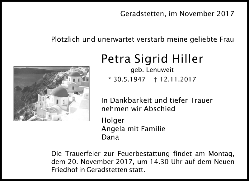  Traueranzeige für Petra Sigrid Hiller vom 16.11.2017 aus Waiblinger Kreiszeitung