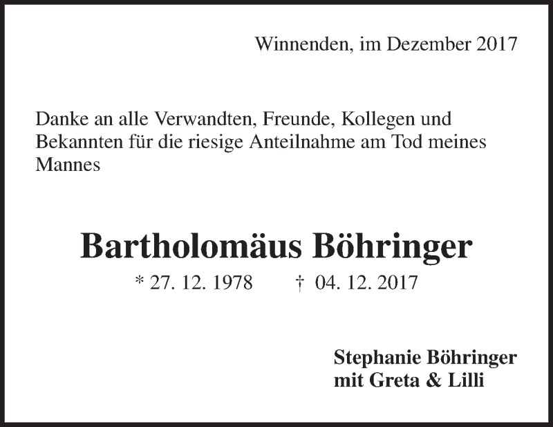  Traueranzeige für Bartholomäus Böhringer vom 23.12.2017 aus Waiblinger Kreiszeitung