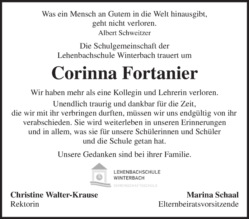  Traueranzeige für Corinna Fortanier vom 16.12.2017 aus Waiblinger Kreiszeitung