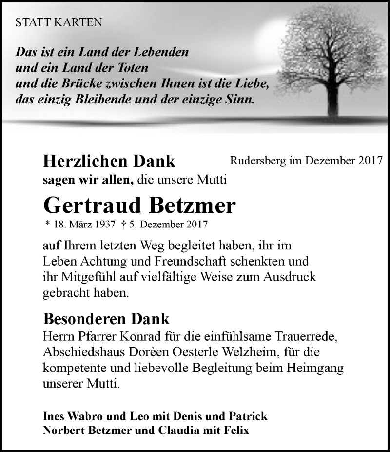  Traueranzeige für Gertraud Betzmer vom 27.12.2017 aus Waiblinger Kreiszeitung
