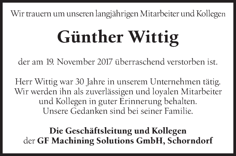  Traueranzeige für Günther Wittig vom 02.12.2017 aus Waiblinger Kreiszeitung