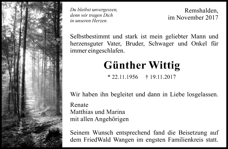  Traueranzeige für Günther Wittig vom 01.12.2017 aus Waiblinger Kreiszeitung