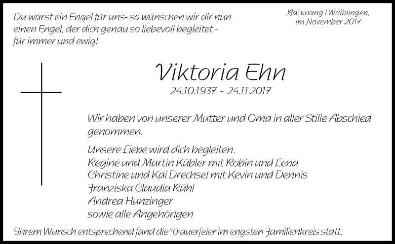  Traueranzeige für Viktoria Ehn vom 08.12.2017 aus Waiblinger Kreiszeitung