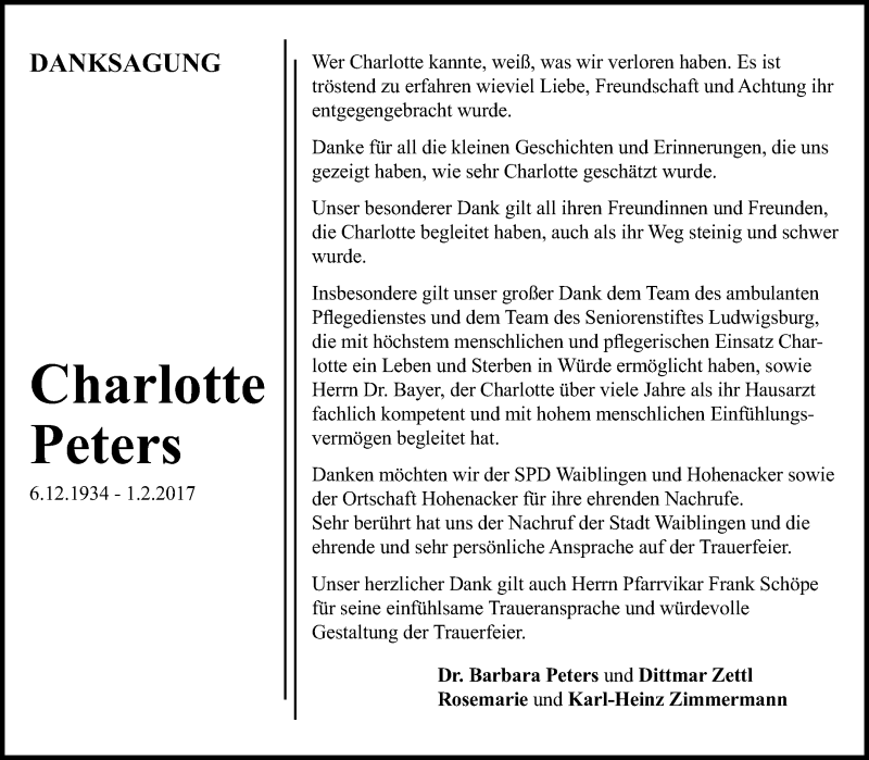  Traueranzeige für Charlotte Peters vom 18.02.2017 aus Waiblinger Kreiszeitung
